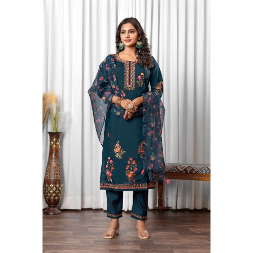 Blue Roman Silk Straight Embroidered With Mirror Work Kurta Set with Dupatta | Traditional Collection | Ethnic | Festive wear Blue Roman Silk Straight Embroidered With Mirror Work Kurta Set with Dupatta | Traditional Collection | Ethnic | Festive wear
