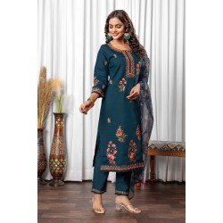 Blue Roman Silk Straight Embroidered With Mirror Work Kurta Set with Dupatta | Traditional Collection | Ethnic | Festive wear 
