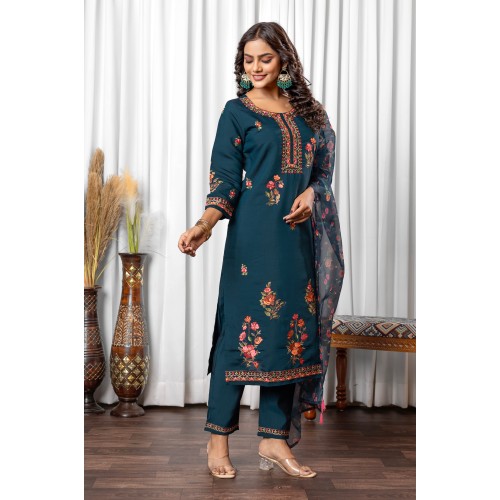 Blue Roman Silk Straight Embroidered With Mirror Work Kurta Set with Dupatta | Traditional Collection | Ethnic | Festive wear Blue Roman Silk Straight Embroidered With Mirror Work Kurta Set with Dupatta | Traditional Collection | Ethnic | Festive wear