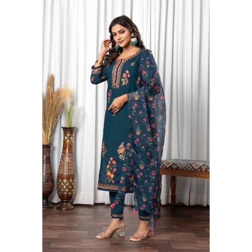 Blue Roman Silk Straight Embroidered With Mirror Work Kurta Set with Dupatta | Traditional Collection | Ethnic | Festive wear Blue Roman Silk Straight Embroidered With Mirror Work Kurta Set with Dupatta | Traditional Collection | Ethnic | Festive wear