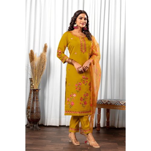 Yellow Roman Silk Straight Embroidered With Mirror Work Kurta Set with Dupatta | Traditional Collection | Ethnic | Festive wear Yellow Roman Silk Straight Embroidered With Mirror Work Kurta Set with Dupatta | Traditional Collection | Ethnic | Festive wear