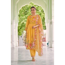 Mustard yellow Poly Organza Flared Embroidered With Handwork Kurta Set with Dupatta | Traditional Collection | Embroidery work | Ethnic