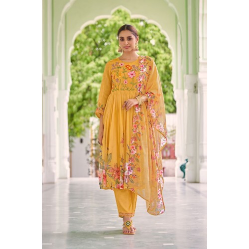 Mustard yellow Poly Organza Flared Embroidered With Handwork Kurta Set with Dupatta | Traditional Collection | Embroidery work | Ethnic
