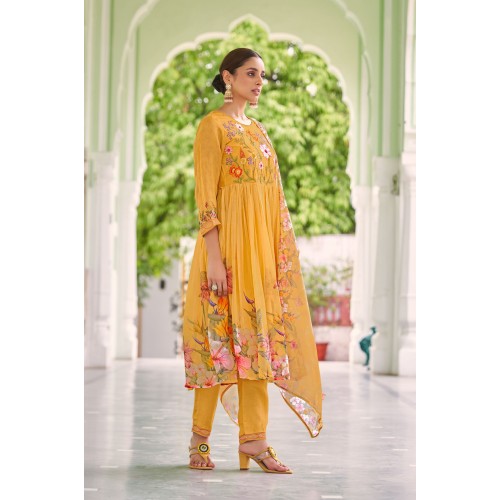 Mustard yellow Poly Organza Flared Embroidered With Handwork Kurta Set with Dupatta | Traditional Collection | Embroidery work | Ethnic Mustard yellow Poly Organza Flared Embroidered With Handwork Kurta Set with Dupatta | Traditional Collection | Embroidery work | Ethnic