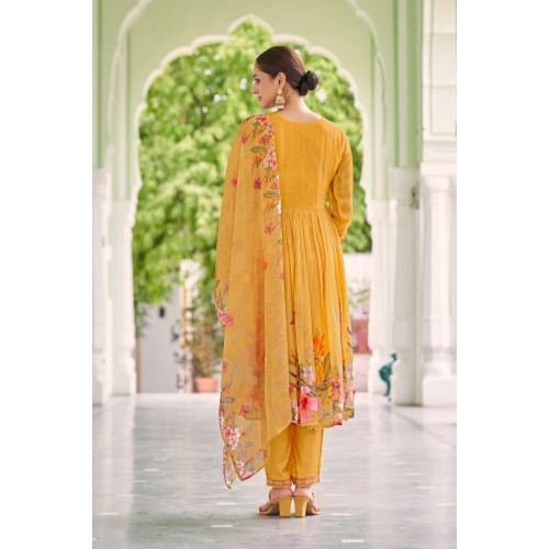 Mustard yellow Poly Organza Flared Embroidered With Handwork Kurta Set with Dupatta | Traditional Collection | Embroidery work | Ethnic Mustard yellow Poly Organza Flared Embroidered With Handwork Kurta Set with Dupatta | Traditional Collection | Embroidery work | Ethnic