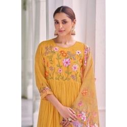 Mustard yellow Poly Organza Flared Embroidered With Handwork Kurta Set with Dupatta | Traditional Collection | Embroidery work | Ethnic