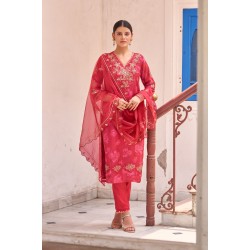 Red Pure Tabby Digital Printed With Embroidered Kurta Set | Traditional Collection | Ethnic | Festive wear 
