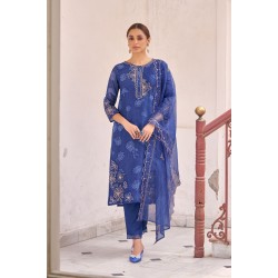 Rich Blue Pure Tabby Digital Printed Straight Embroidered Kurta Set with Dupatta | Traditional Collection | Ethnic | Festive wear 