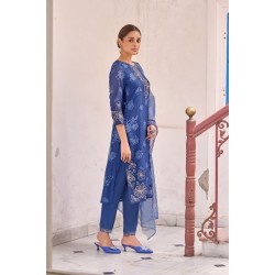 Rich Blue Pure Tabby Digital Printed Straight Embroidered Kurta Set with Dupatta | Traditional Collection | Ethnic | Festive wear 