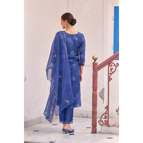 Rich Blue Pure Tabby Digital Printed Straight Embroidered Kurta Set with Dupatta | Traditional Collection | Ethnic | Festive wear 