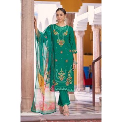 Emerald Green Roman Silk A-line Floral Embroidered Kurta Set with Dupatta | Traditional Collection | Floral Embroidery work | Festive wear 