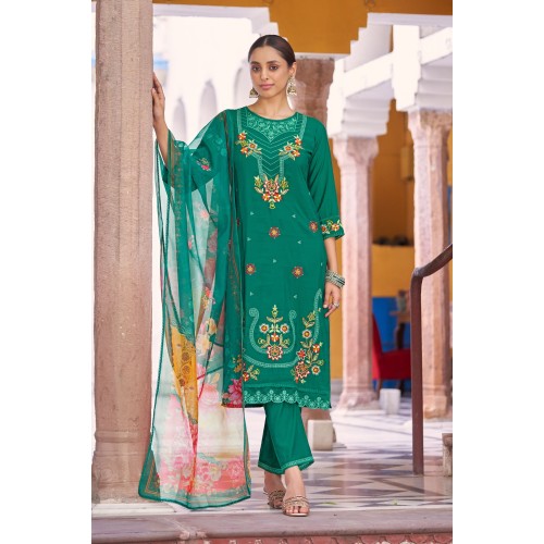 Emerald Green Roman Silk A-line Floral Embroidered Kurta Set with Dupatta | Traditional Collection | Floral Embroidery work | Festive wear 