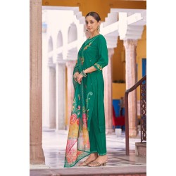 Emerald Green Roman Silk A-line Floral Embroidered Kurta Set with Dupatta | Traditional Collection | Floral Embroidery work | Festive wear 