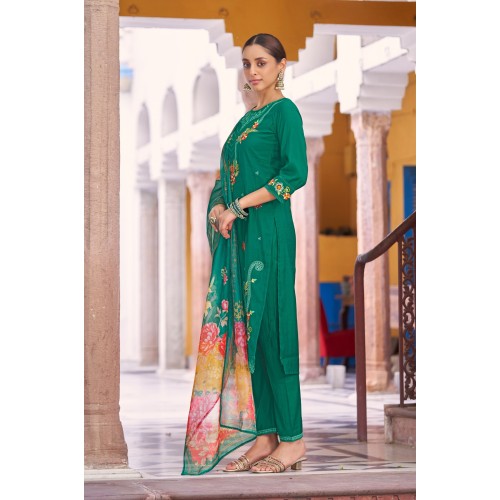 Emerald Green Roman Silk A-line Floral Embroidered Kurta Set with Dupatta | Traditional Collection | Floral Embroidery work | Festive wear 