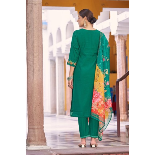 Emerald Green Roman Silk A-line Floral Embroidered Kurta Set with Dupatta | Traditional Collection | Floral Embroidery work | Festive wear 