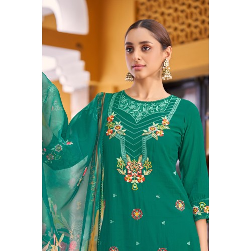 Emerald Green Roman Silk A-line Floral Embroidered Kurta Set with Dupatta | Traditional Collection | Floral Embroidery work | Festive wear 