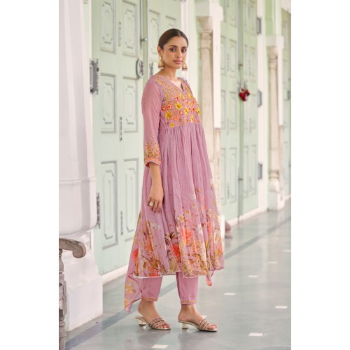 Purple Poly Organza Flared Embroidered With Handwork Kurta Set with Dupatta | Traditional Collection | Embroidery work | Ethnic Purple Poly Organza Flared Embroidered With Handwork Kurta Set with Dupatta | Traditional Collection | Embroidery work | Ethnic