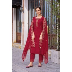  Red Roman Silk Straight Embroidered Kurta Set with Dupatta | Stylish | Traditional collection | Ethnic | Festive wear
