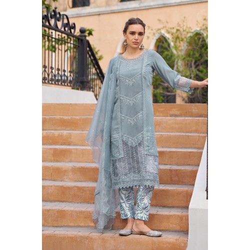 Grey Roman Silk Straight-cut Embroidered Kurta Set with Dupatta | Traditional Collection | Elegant | Classy | Festive wear 
