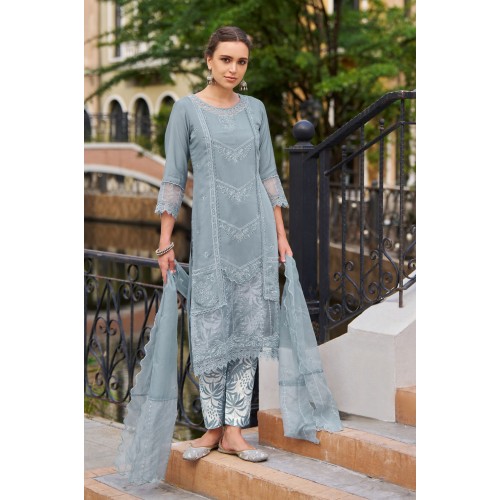 Grey Roman Silk Straight-cut Embroidered Kurta Set with Dupatta | Traditional Collection | Elegant | Classy | Festive wear 