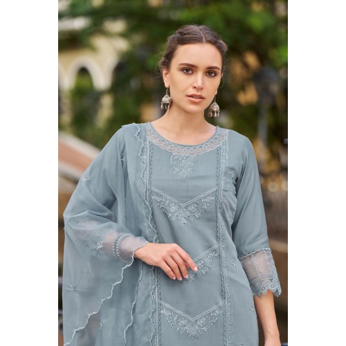 Grey Roman Silk Straight-cut Embroidered Kurta Set with Dupatta | Traditional Collection | Elegant | Classy | Festive wear 