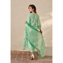 Mint Green Roman Silk A-Line Embroidered Kurta Set with Dupatta | Traditional Collection | Ethnic | Stylish and Classy