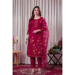Red Roman Silk Straight Embroidered With Mirror Work Kurta Set with Dupatta | Traditional Collection | Ethnic | Festive wear