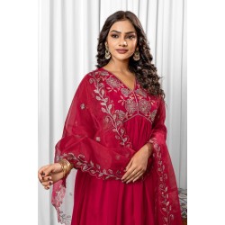 Red silk blend Flared Anarkali style embroidered kurta set with dupatta | Traditional Collection | Ethnic | Embroidery work | Festive wear 