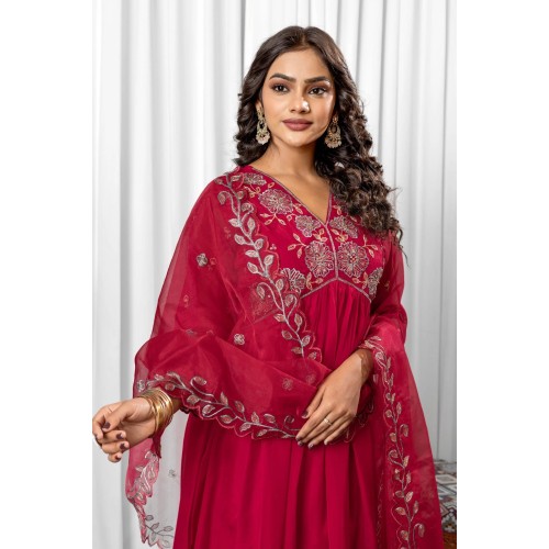 Red silk blend Flared Anarkali style embroidered kurta set with dupatta | Traditional Collection | Ethnic | Embroidery work | Festive wear 