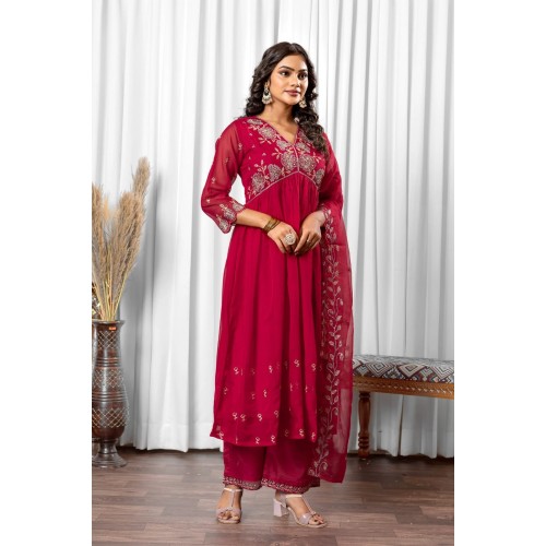 Red silk blend Flared Anarkali style embroidered kurta set with dupatta | Traditional Collection | Ethnic | Embroidery work | Festive wear Red silk blend Flared Anarkali style embroidered kurta set with dupatta | Traditional Collection | Ethnic | Embroidery work | Festive wear