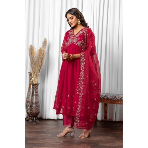 Red silk blend Flared Anarkali style embroidered kurta set with dupatta | Traditional Collection | Ethnic | Embroidery work | Festive wear Red silk blend Flared Anarkali style embroidered kurta set with dupatta | Traditional Collection | Ethnic | Embroidery work | Festive wear