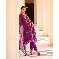 Rich Purple Silk Blend Straight-cut Floral embroidered kurta set with dupatta | Traditional Collection | Floral Embroidery Work | Festive wear 