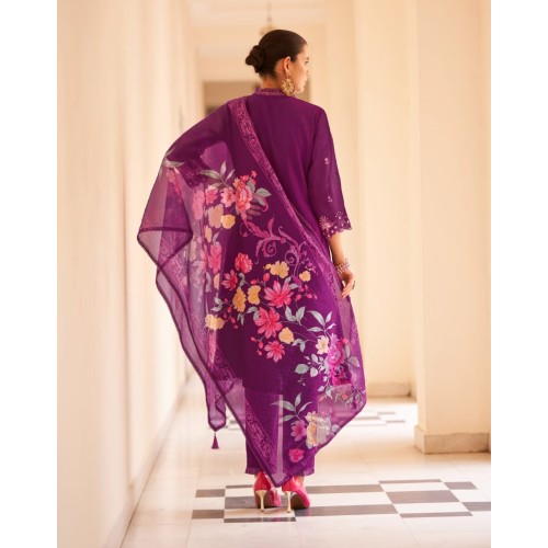 Rich Purple Silk Blend Straight-cut Floral embroidered kurta set with dupatta | Traditional Collection | Floral Embroidery Work | Festive wear 