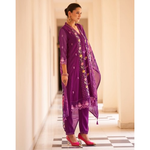 Rich Purple Silk Blend Straight-cut Floral embroidered kurta set with dupatta | Traditional Collection | Floral Embroidery Work | Festive wear 