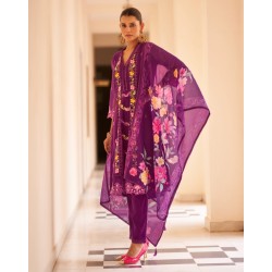 Rich Purple Silk Blend Straight-cut Floral embroidered kurta set with dupatta | Traditional Collection | Floral Embroidery Work | Festive wear 